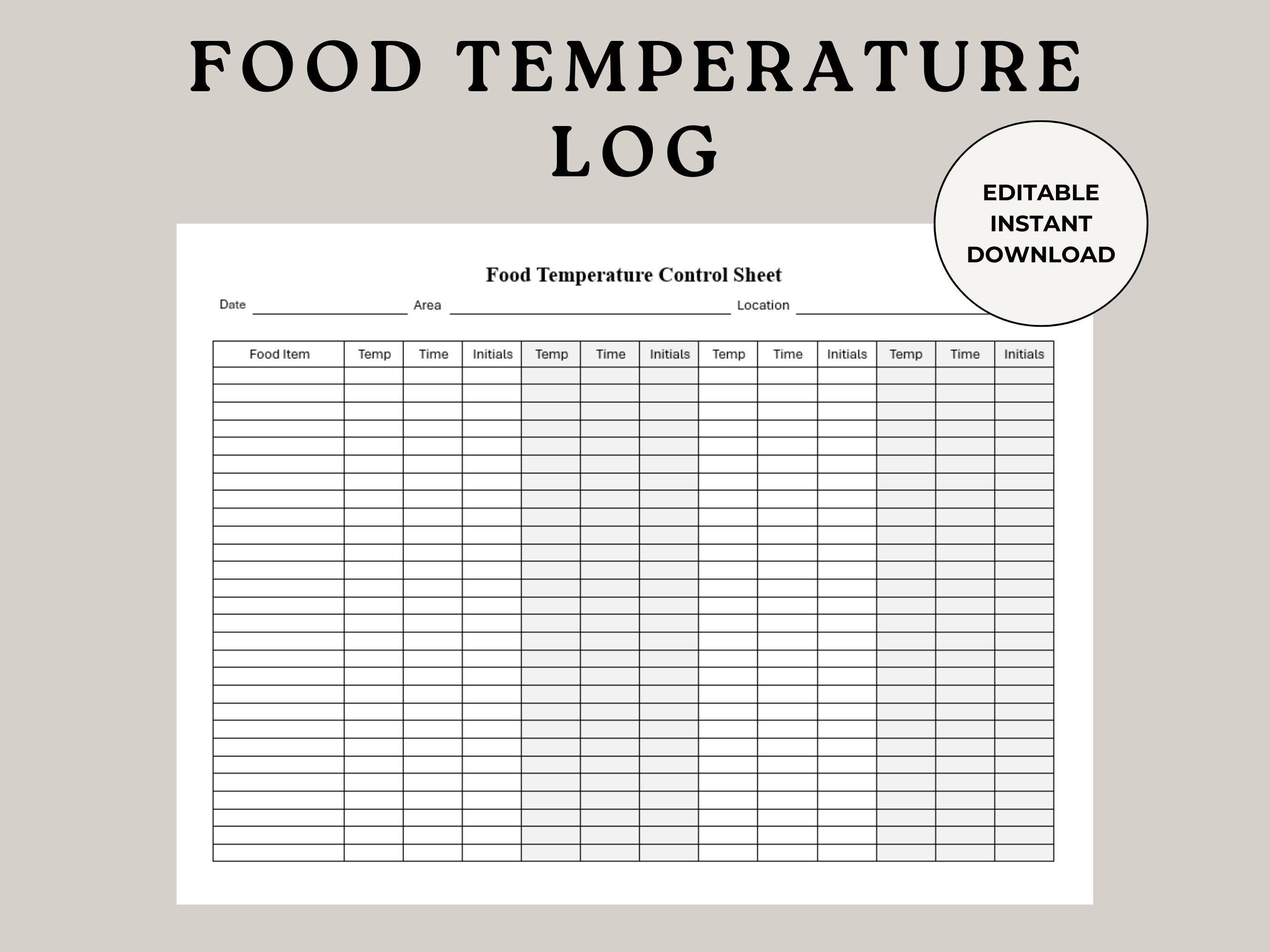 Food Temperature Log, Refrigerated Food, Food Safety Program, Food Safety Log, Food Danger Zone, HACCP Log, Restaurant Log, Receiving Record