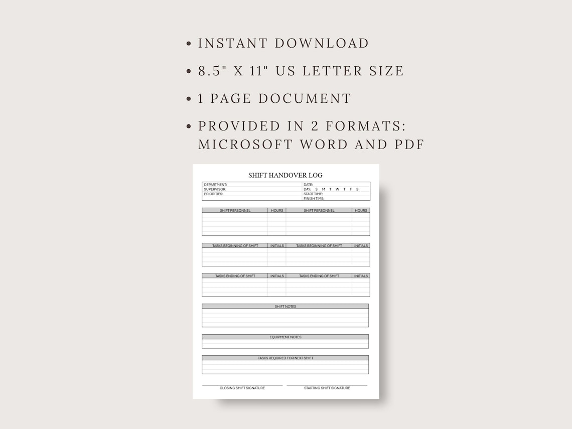 Shift Handover Log, End of Shift Form, End of Shift Log, Shift End Log ...