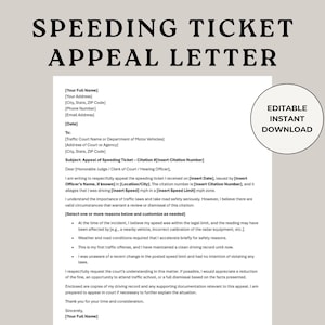 Carta de apelación por multa por exceso de velocidad, plantilla de apelación, multa de alquiler de coche, citación, referencia legal, carta al juez, carta para el tribunal