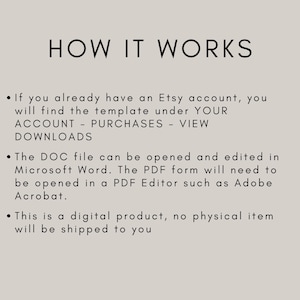 May include: Text explaining how to access and use a digital product purchased on Etsy. The text mentions that the product is a digital download and can be opened in Microsoft Word or Adobe Acrobat.