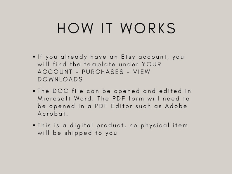 May include: Text explaining how to access and use a digital product purchased on Etsy. The text mentions that the product is a digital download and can be opened in Microsoft Word or Adobe Acrobat.