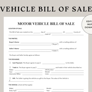 Vehicle Bill of Sale, Bill of Sale for Car, Vehicle Contract, Motor Bill of sale, Vehicle Sale Form, Motor Vehicle Form, Auto Bill of Sale