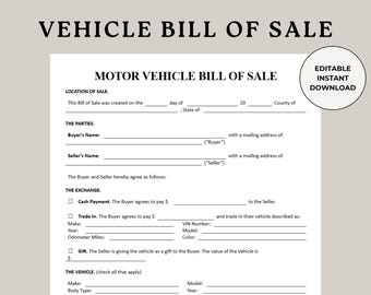 Vehicle Bill of Sale, Bill of Sale for Car, Vehicle Contract, Motor Bill of sale, Vehicle Sale Form, Motor Vehicle Form, Auto Bill of Sale