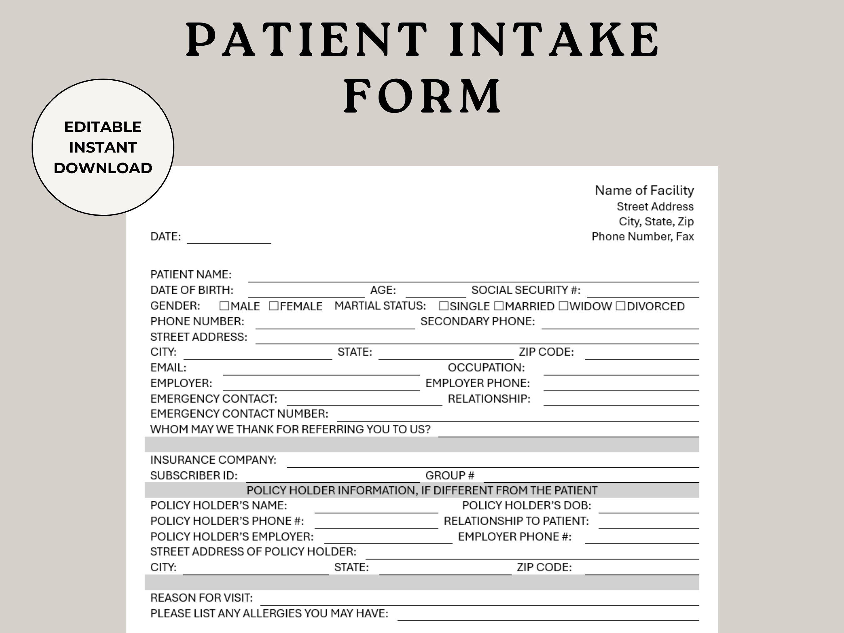 Patient Intake Form Template: Editable Clinic Forms (digital Download ...