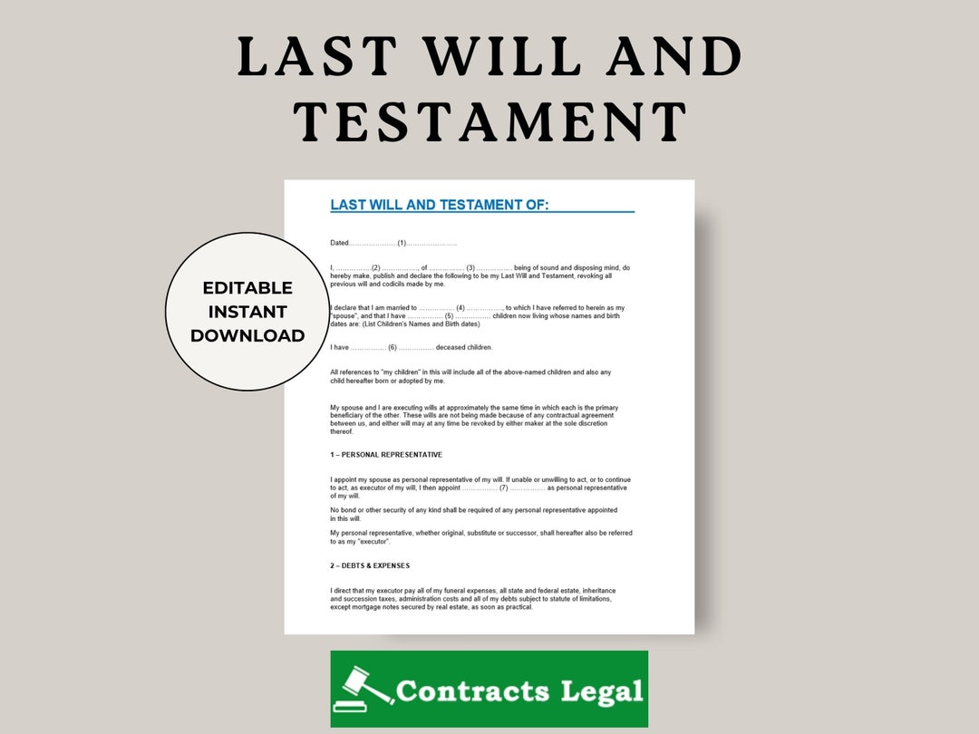 Last Will And Testament Template Editable Printable Will digital 