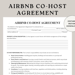 Airbnb Co-Host Agreement Template: Vacation Rental Management (Digital Download, PDF & Word)