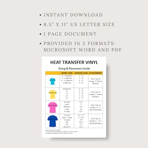 Pu&ograve; includere: Un grafico con una guida per le dimensioni e il posizionamento del vinile per trasferimento di calore. Il grafico include le taglie delle magliette, le dimensioni dei disegni e le istruzioni di posizionamento per diversi tipi di magliette, tra cui le taglie per bambini piccoli, giovani e adulti. Il grafico &egrave; stampato su uno sfondo bianco con testo nero e accenti gialli, blu e rosa.