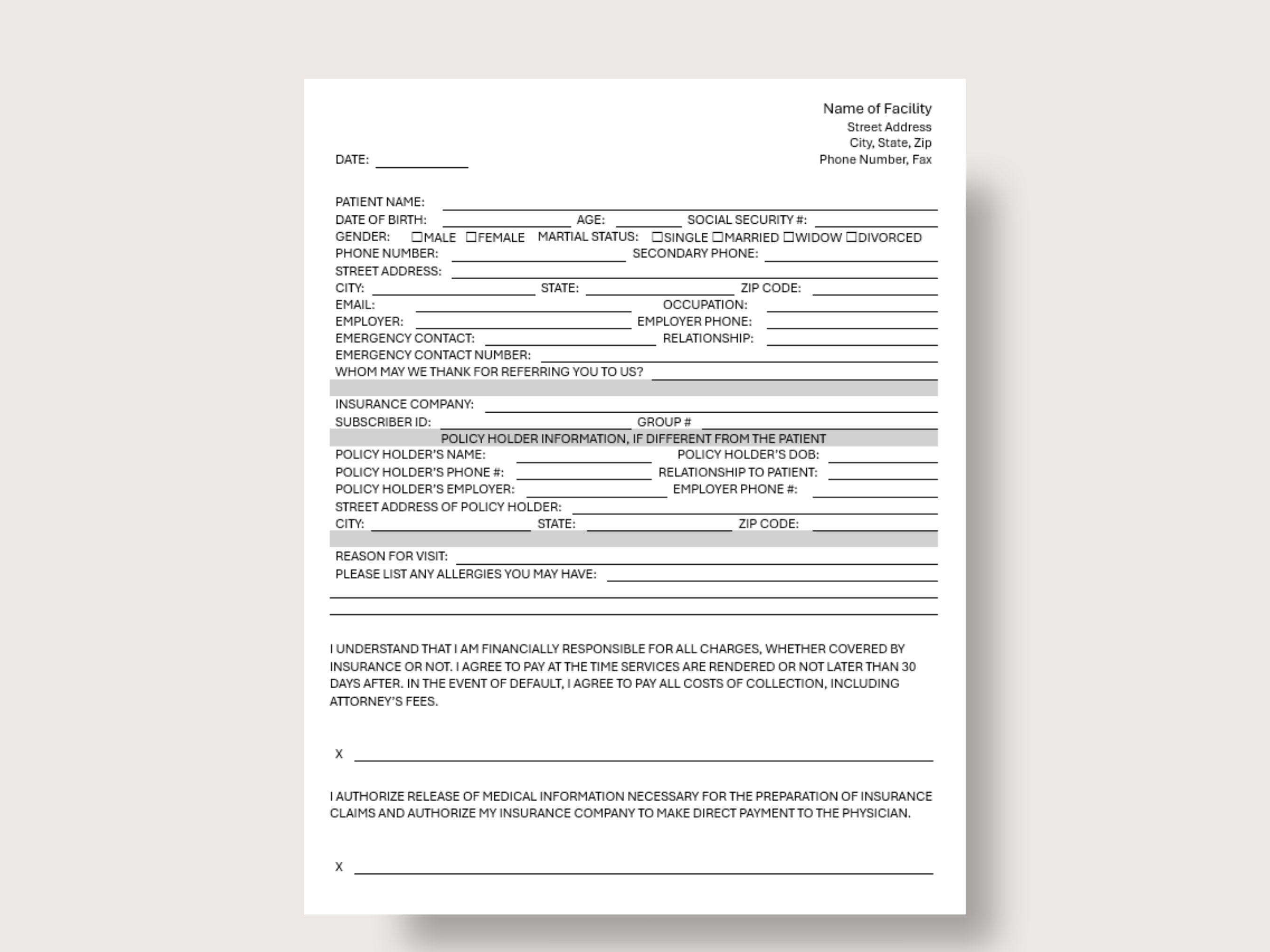 Patient Intake Form Template: Editable Clinic Forms (digital Download ...