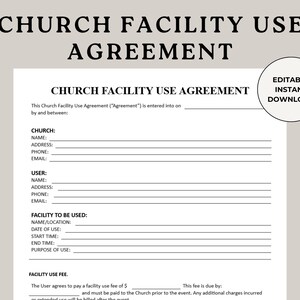 Puede incluir: Un documento blanco titulado "ACUERDO DE USO DE LAS INSTALACIONES DE LA IGLESIA" con campos rellenables para la información de la iglesia y del usuario. El documento incluye el texto "DESCARGA INSTANTÁNEA EDITABLE" en un círculo.