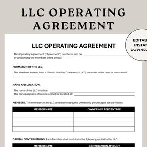 Puede incluir: Un documento blanco titulado "LLC Operating Agreement" con campos rellenables para la información de la empresa. El documento incluye secciones para la formación, el nombre, la ubicación y los detalles de los miembros. Las palabras "Descarga instantánea editable" están en un círculo.