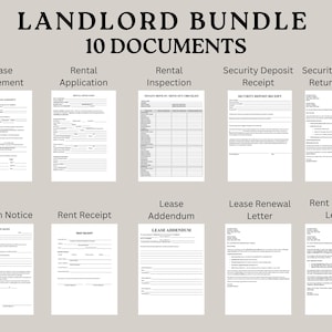 Conjunto de 10 formularios para propietarios: formularios de arrendamiento, carta de aumento de alquiler, contrato de arrendamiento residencial, depósito de seguridad, aviso de desalojo, imprimible para propietarios.