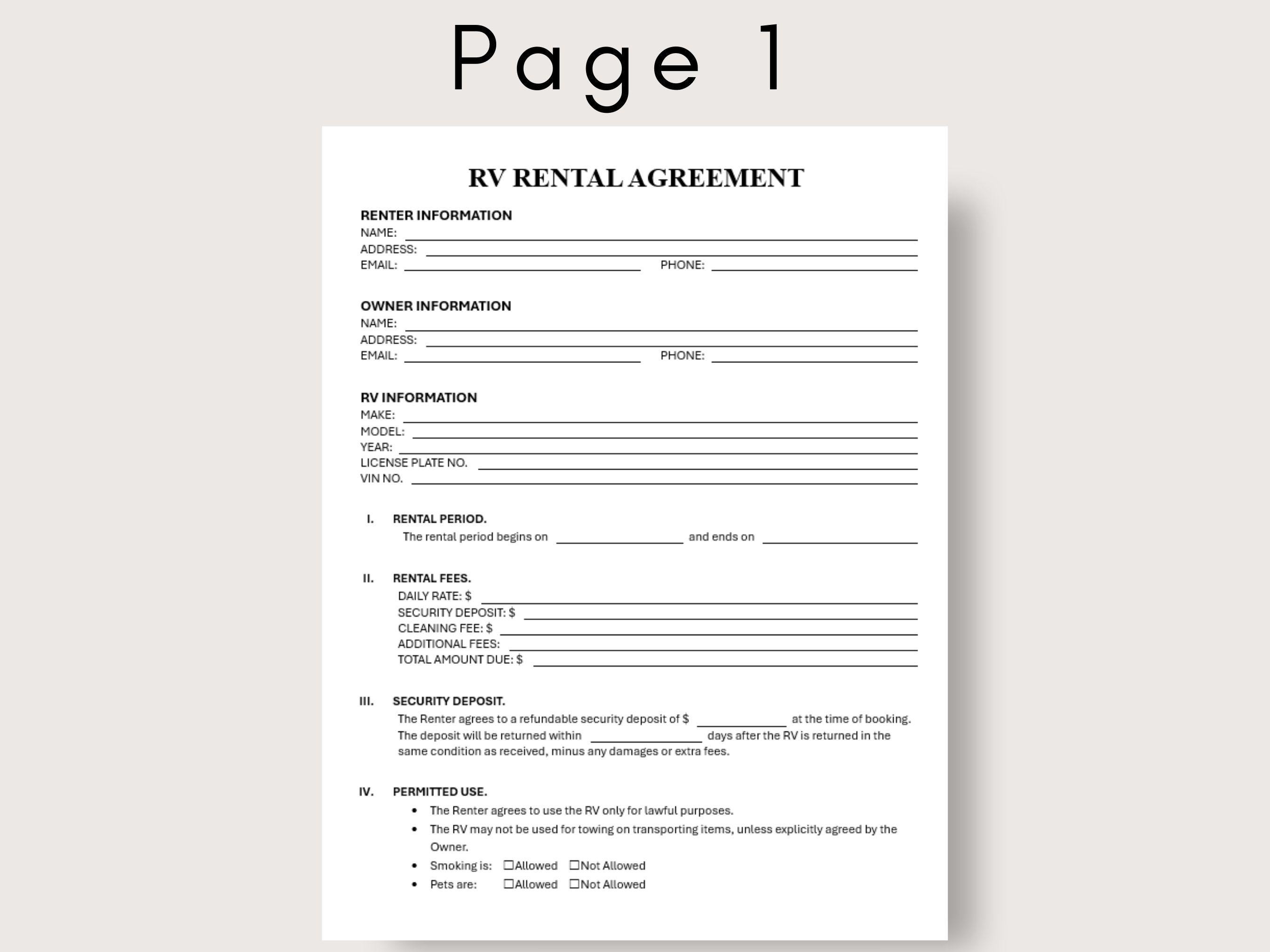 RV Rental Agreement, Motorhome Contract, RV Rental Contract, Trailer ...