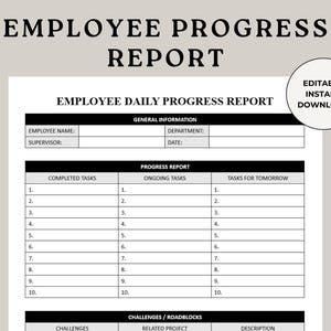 Op de afbeelding: Een afdrukbaar voortgangsrapport voor werknemers met secties voor algemene informatie, voltooide taken, lopende taken en taken voor morgen. Het document bevat de tekst "Employee Progress Report" en "Bewerkbare direct downloaden."