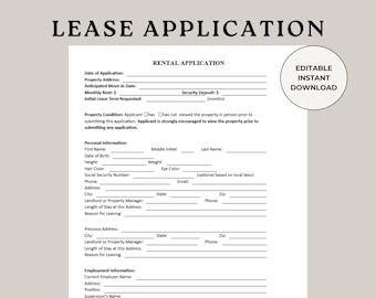 May include: A white rental application form with black text titled LEASE APPLICATION at the top. The document includes fields for personal information, property details, and employment history, with a circular badge stating EDITABLE INSTANT DOWNLOAD.