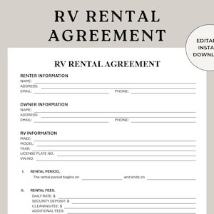 RV Rental Agreement, Motorhome Contract, RV Rental Contract, Trailer Rental Form, RV Lease, Rvshare , Motorhome Lease, Caravan Trailer