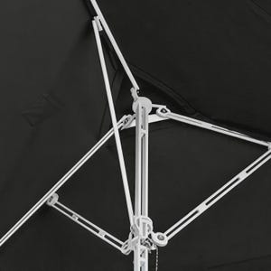 May include: A black outdoor umbrella featuring a white central pole and a white articulated support frame. The canopy is made of solid black fabric, and the mechanical structure includes white struts and joints that connect to the central pole.