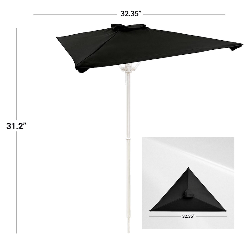 May include: A black half-round patio umbrella with a white pole, featuring a width of 32.35 inches and a height of 31.2 inches. The design includes a flat back edge for placement against a wall, with a detailed inset showing the top view.