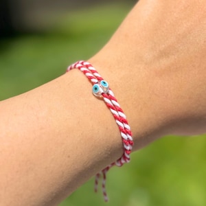 Evil eye glass bead charm Martis bracelet, Traditional Martisor, March bracelet, Family gift, Red White twisted Waxed cord, Greek custom