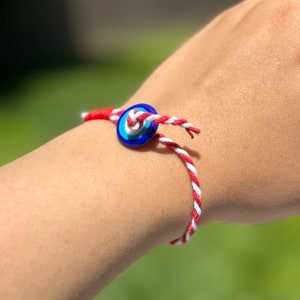 Evil Eye Martis Bracelet, Traditional Martisor, March bracelet, Family Gift, Red White Twisted Waxed Cord, Greek Custom, Luck Bracelet
