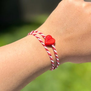 Red Heart Martis Bracelet, Traditional Martisor, March bracelet, Family Gift, Red White Twisted Waxed Cord, Greek Custom, Luck Bracelet