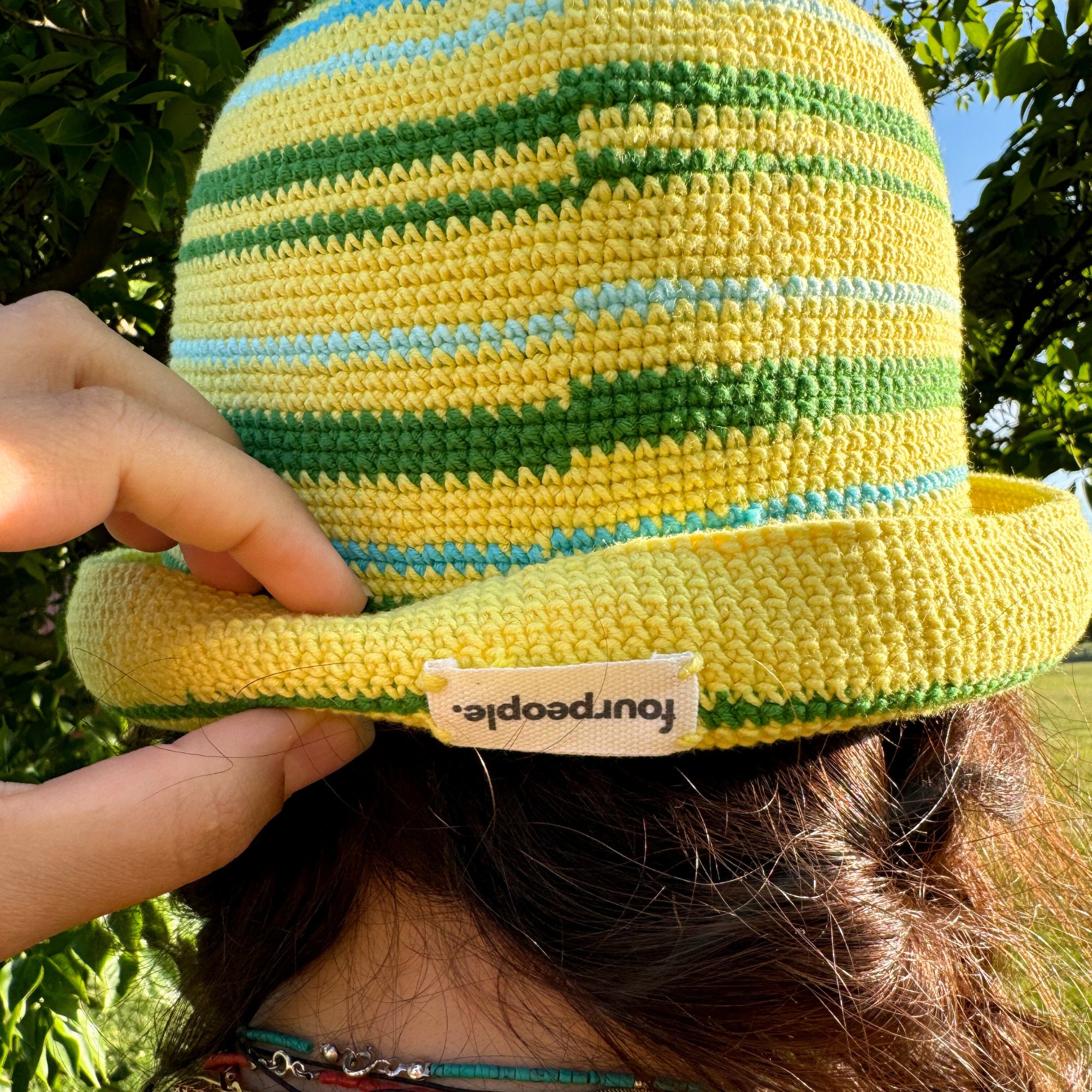 Petites Reveries Harmon Hat | Neutral crochet Hailey Bieber tan cream checkered Hailey Bieber Bucket Hat, Handmade Festival Hat, Summer  main image 3