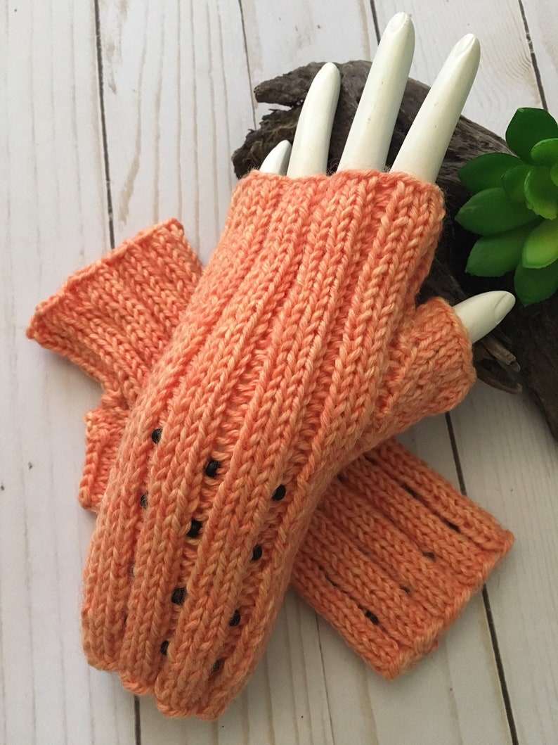 Peach Beaded Fingerless Gloves