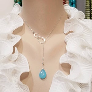 Aqua Blue Lariat Necklace - Large Infinity, Large Aqua Blue Chalcedony, Sterling Silver Lariat Necklace