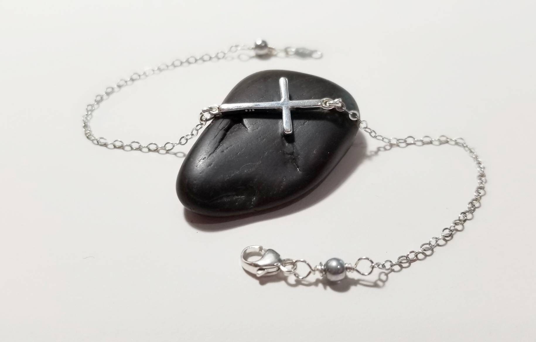Thin Sideways Cross Bracelet - Thin Cross, Sterling Silver