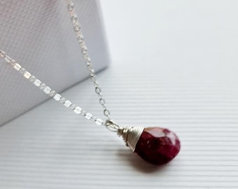Ruby Sterling Silver Necklace: July Birthstone, Gemstone Briolette