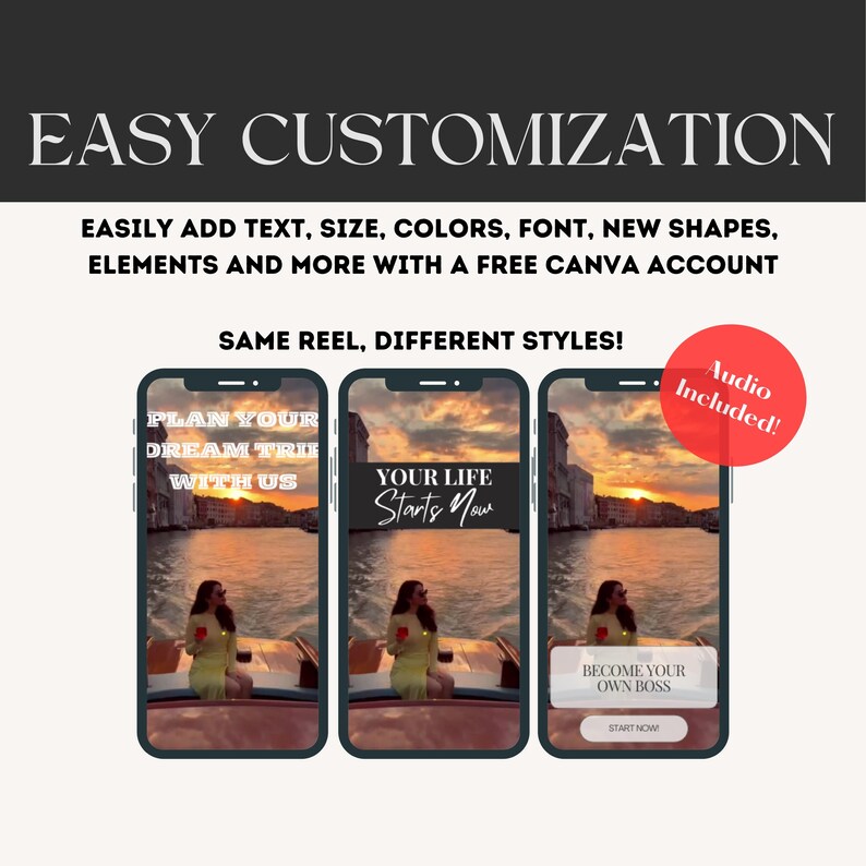 easily ADD text, size, colors, font, new shapes, 
elements and more with a free canva account. Audio included!