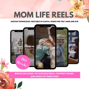 Könnte beinhalten: Ein digitales Produkt-Mockup mit acht Telefonbildschirmen mit verschiedenen Textüberlagerungen. Der Text enthält Sätze wie "Vermögen aufbauen", "Starte deine Reiche-Mama-Ära" und "Wie man als Hausfrau ein Einkommen erzielt?" Das Bild enthält auch den Text "80 Reels!" und "Bonus inklusive: 30 Gesichtslose Reels, Content Hooks und Mock-Up Templates!"