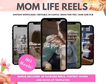 May include: A digital product mockup featuring eight phone screens with various text overlays. The text includes phrases like "Build Wealth", "Start Your Rich Mom Era", and "How to Make Income as a Stay at Mom?" The image also includes the text "80 Reels!" and "Bonus Included: 30 Faceless Reels, Content Hooks and Mock-Up Templates!"