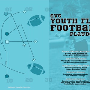 May include: A blue and white illustrated playbook for 6v6 youth flag football. The cover features a football play diagram and the text "6v6 Youth Flag Football Playbook".