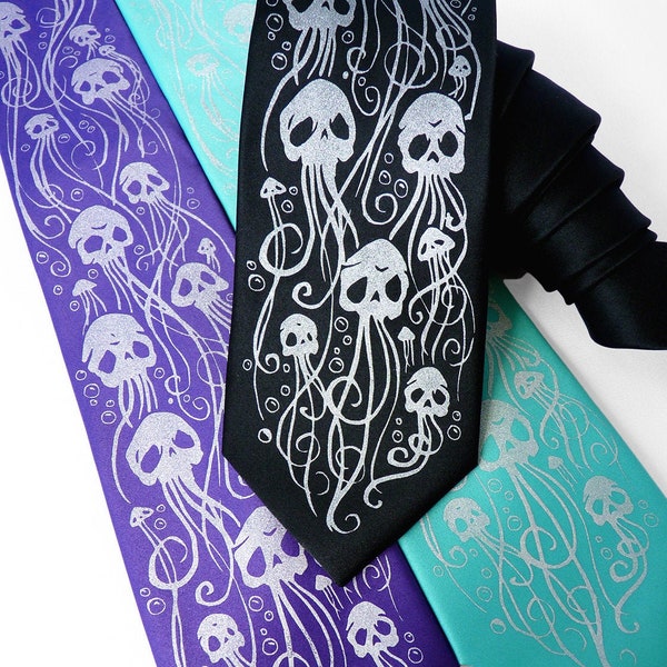 Jellyfish Necktie, Skull Necktie, Skull Tie, Neckties for Men, Unique Gift, Screen Printed Tie, Purple Tie, Teal Tie, Skelly Fish Necktie