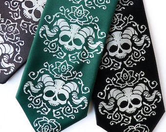 Faun Skull Necktie, Neckties for Men, Skull Tie, Screen Printed Tie, Forest Necktie, Gothic Necktie, Halloween Tie, Unique Gifts for Men