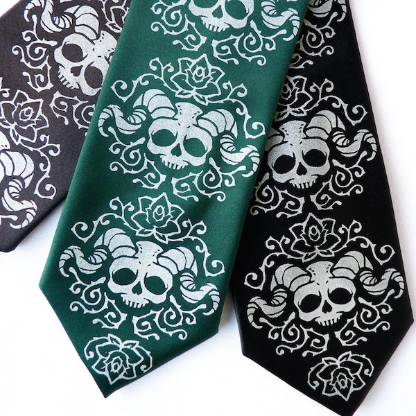 Faun Skull Necktie, Neckties for Men, Skull Tie, Screen Printed Tie, Forest Necktie, Garden Wedding, Christmas Gifts, Unique Gifts for Men