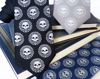 Halloween Necktie, Skull Necktie, Skeleton Tie, Skull Tie, Mens Ties, Skeleton Costume, Dad Gift, Neckties for Men - Dapper Skullduggery Tie