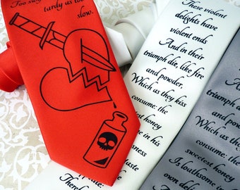 Romeo and Juliet Necktie, Shakespeare Necktie, Valentines Gifts for Him, Romantic Gifts for Boyfriend, Husband Gift, Book Lover Gift