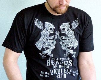 Ukulele Shirt, Ukulele Gifts, Music Gift, Ukulele Tshirt, Mens Tshirt, Skull Shirt - The 4-Stringed Reapers of Doom Ukulele Club Tshirt