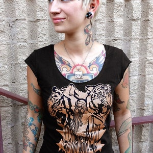 Tiger Shirt, Goth Shirt, Post Apocalyptic Clothing, Gothic Tshirt, Punk Shirt Women, Gasmask Tshirt, Vegan Shirt Tigers Women's Tshirt image 1