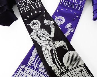 Cravatta pirata, cravatta spaziale, cravatta geek, regalo scientifico, cravatta scientifica, regalo geek per lui, regalo tecnologico per uomo, regalo pirata - Cravatta rum pirata spaziale
