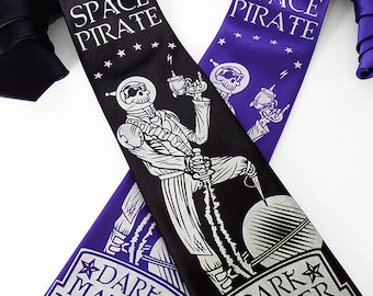 Pirate Necktie, Space Necktie, Geek Tie, Science Gift, Science Tie, Geek Gift for Him, Tech Gift Men, Pirate Gift - Space Pirate Rum Necktie