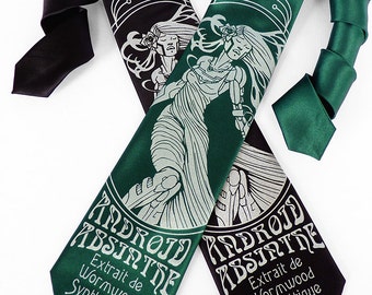 Android Absinthe Necktie, Art Nouveau Tie, Wine Necktie, Green Necktie, Geek Gift, Nerdy Tie, Necktie for Men, Absinthe Gift, Dad Gift