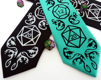 Dice and Dragons Necktie, DnD, RPG, D20 Dice, Dragon Men's Tie, DnD Gifts for Him, Geek Tie, Mens Necktie, Gamer Gift - High Roller Necktie