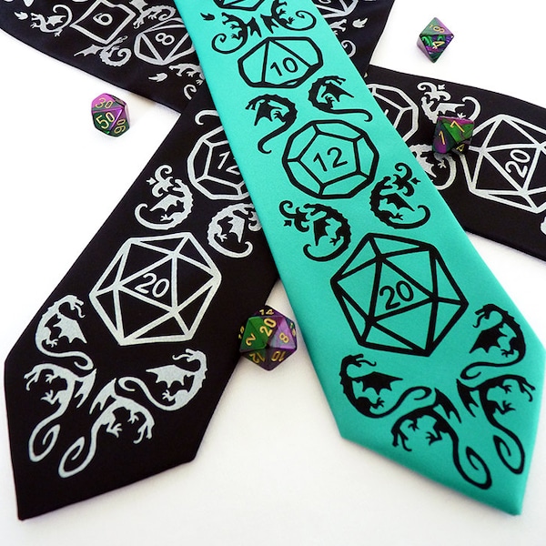 Dice and Dragons Necktie, DnD, RPG, D20 Dice, Dragon Men's Tie, DnD Gifts for Him, Geek Tie, Mens Necktie, Gamer Gift - High Roller Necktie