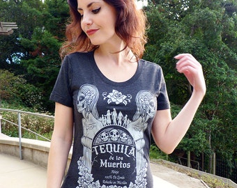 Maglietta Tequila, Maglietta Teschio di Zucchero, Maglietta Dia de los Muertos, Maglietta Giorno dei Morti, Maglietta Teschio Donna - Maglietta Tequila de los Muertos