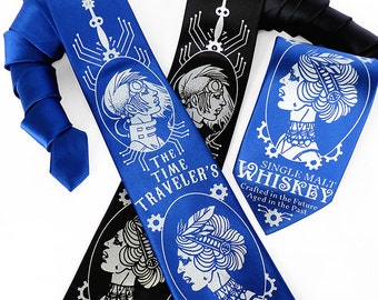 May include: Four neckties with a steampunk theme. Two are black with silver designs and two are blue with silver designs. The ties feature a woman's face with gears and the text "Single Malt Whiskey Crafted in the Future Aged in the Past". One of the black ties also has the text "The Time Traveler's".