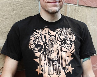 May include: A black t-shirt with a copper-colored graphic of two tigers flanking a woman with long hair. The graphic also includes stars and the text "Let's Get High Tonight".