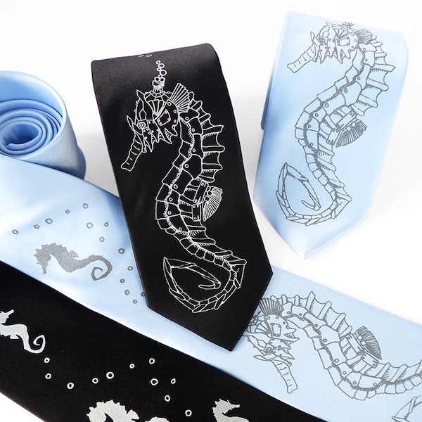 Seahorse Necktie, Blue Necktie, Screen Printed Tie, Ocean Gift, Robot Tie, Neckties for Men, Dad Gift, Mens Gift - Seahorse Roboticus Tie