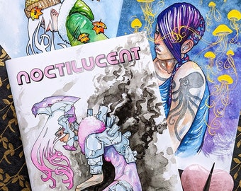 May include: A collection of three watercolor paintings featuring a woman with a purple mohawk and an octopus tattoo, a woman with a green jacket and falling leaves, and a woman in a futuristic suit. The paintings are titled "Noctlilucent" and are by Cody Vrosh.